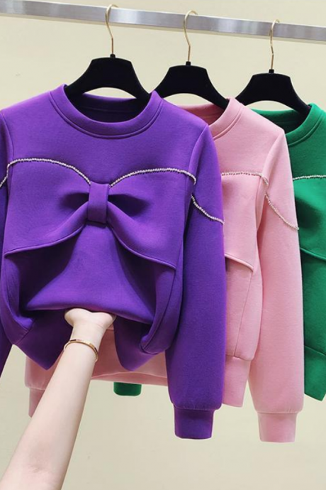 2023 Autumn And Winter Round Neck Diamond Design Sense Of Fashion With Foreign Bow Loose Hoodie Top Woman