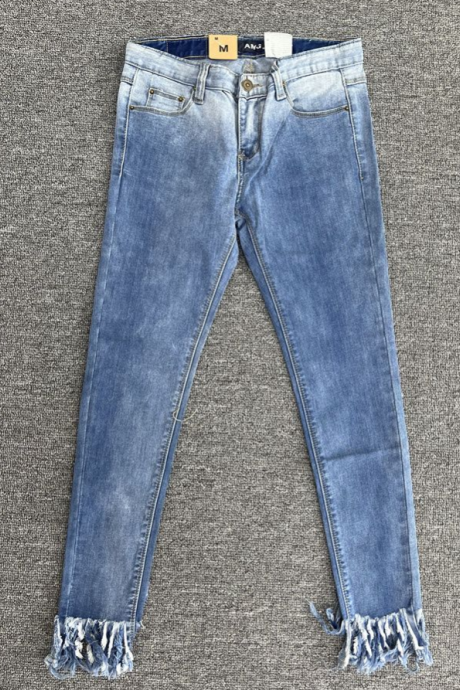 2023 Summer Pencil Pants Elastic Slim Slim High Waist Gradual Fringe Jeans Women's Nine-minute Small Foot Pants