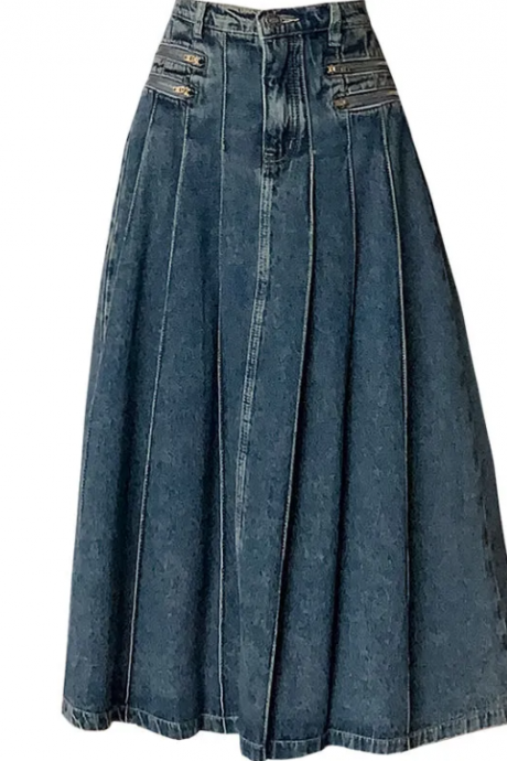 Retro Soft Denim Skirt Women&amp;#039;s Summer Thin High Waist Loose Slimming Design Sense Pleated Midi Skirt