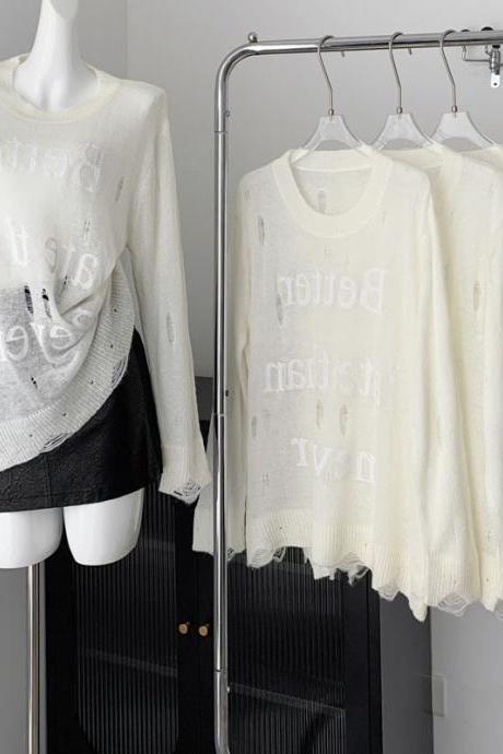 Printed Hollow Knit Women's Autumn Loose Crew Neck Long Sleeve Top