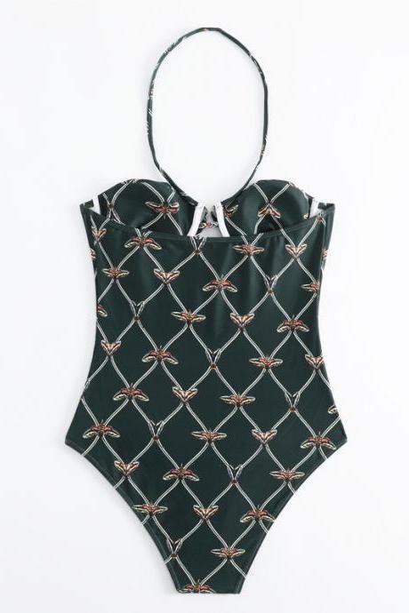 Beach Bikini Fashion Diamond-checked Butterfly Print Women's One-piece Swimsuit Slimming Neck Swimsuit
