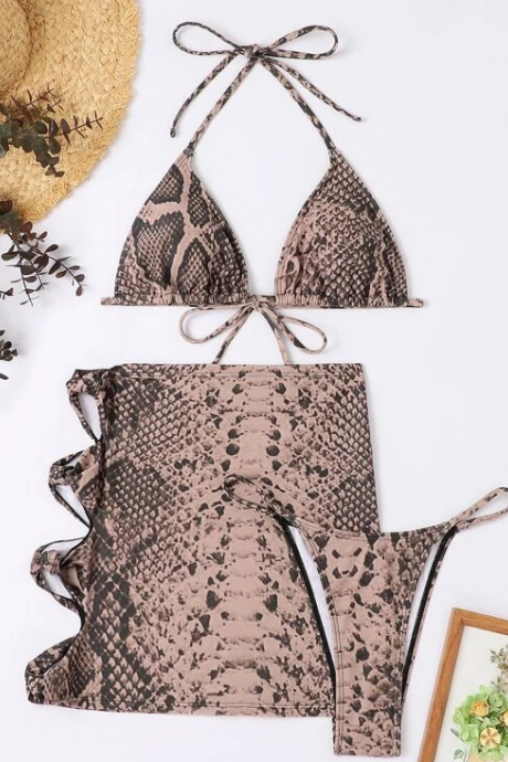 Snakeskin Cross Strap Wrap Three-piece Bikini Set