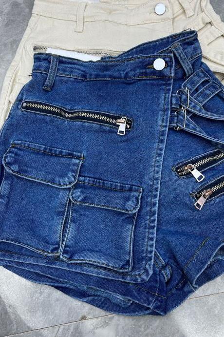 Irregular Multi-pocket Cargo A-line Shorts Women's Loose Wide-leg Pants 2023 Summer Leggings Denim Skirt