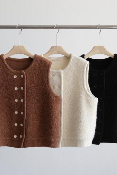 Autumn And Winter Circle Long Pile Thick Round Neck Knitted Vest Loose