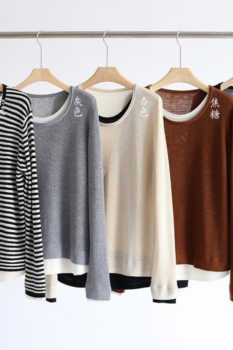 Autumn And Winter Round Neck Fake Two Beaded Pullover Sweater Long-sleeved Pullover Top Fashionable Loose Base Shirt