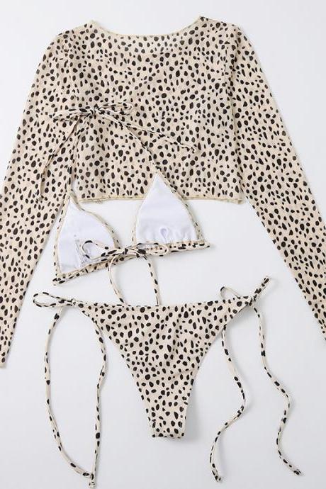 Long Sleeve Mesh Coat Women's Three-piece Swimsuit Leopard Print Sexy Bikini