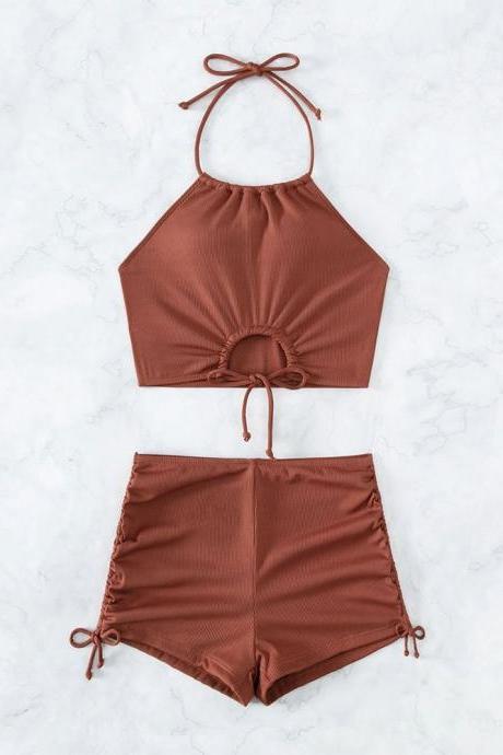 Solid Color Strap Strap Two-piece Swimsuit Women's Summer Flat Horn Sports Beach Bikini