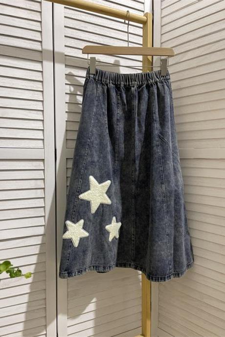 Five-pointed Applique Embroidery Snowflake Wash Stitching A-line Skirt Skirt Denim Skirt