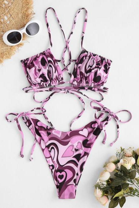 Purple Love Print Two-piece Swimsuit Women&amp;#039;s Halter Bikini