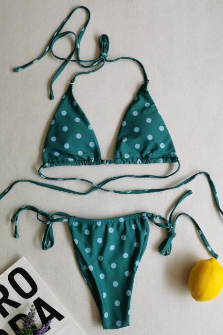 Soft Green Dots Lace-up Double Fabric Women's Bikini Swimsuit