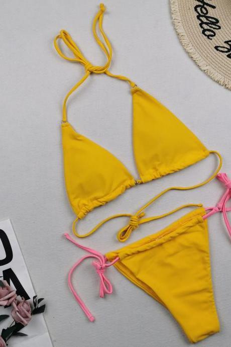 Yellow Fresh Lace-up Two-fabric Swimsuit For Women Swimsuit Bikini