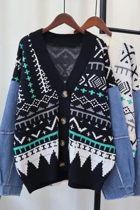 Autumn And Winter 2023 Patchwork Denim Sleeve Knitted Cardigan Women's Retro Design Feeling Loose And Lazy Sweater Coat