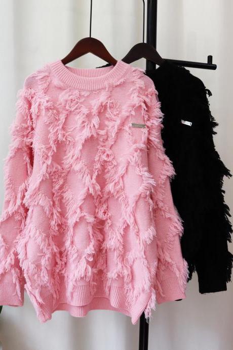 Textured Fringe Detail Knit Sweater In Pink And Black
