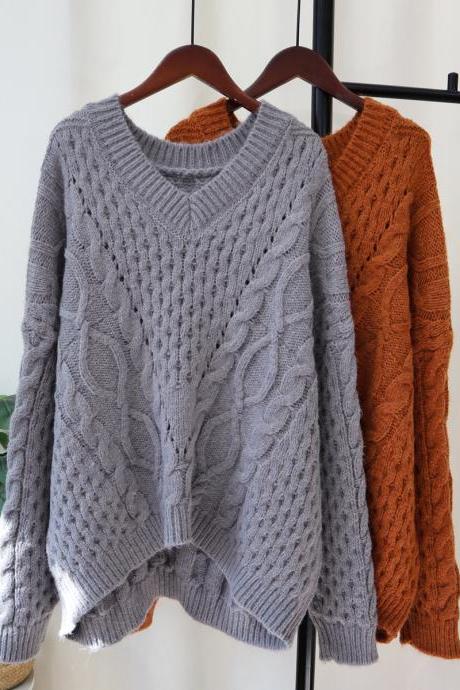 V-neck Twist Soft Waxy Sweater Top Korean Version Loose And Lazy Sweater Set Woman