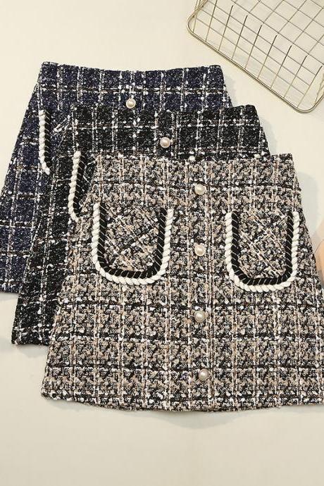 Women&amp;#039;s High Waist Woolen Short Single Breasted Thin Plaid A-line Skirt