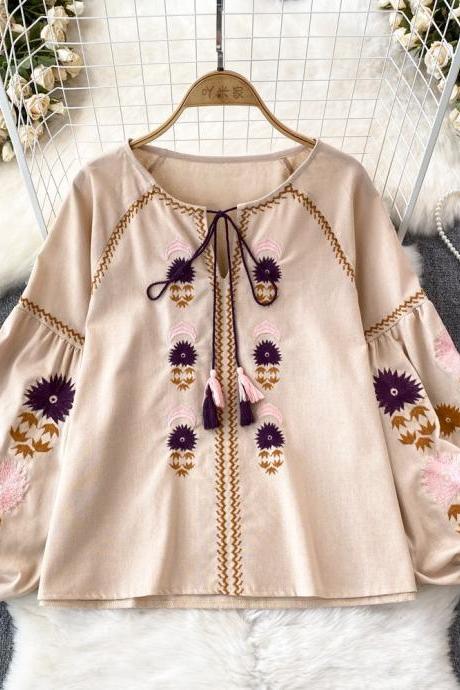 Fresh Sweet Embroidery Lantern Sleeve Loose Slimming Round Neck Pullover Cotton Linen Shirt Top Autumn