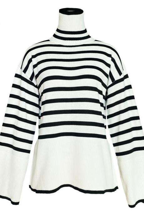 Women&amp;#039;s Turtleneck Knitted Striped Sweater Top With Slit