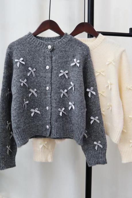 Bow Knit Cardigan Female Autumn And Winter Korean Version Loose Design Feeling Gentle Wind Chic Sweater Coat