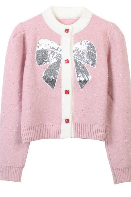 Fall And Winter Sequin Bow Round Neck Long Sleeve Loose Temperament Knit Cardigan