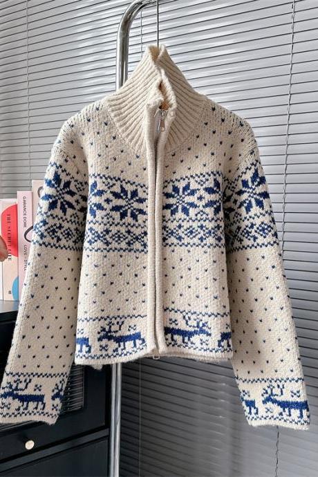 Autumn And Winter High-neck Heavy Jacquard Knitted Cardigan Short Thicker