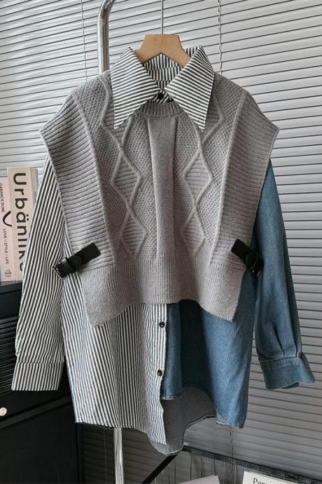 Denim Patchwork Two-piece Sweater Women's Fall And Winter All-in-one Show Skinny Knit Top