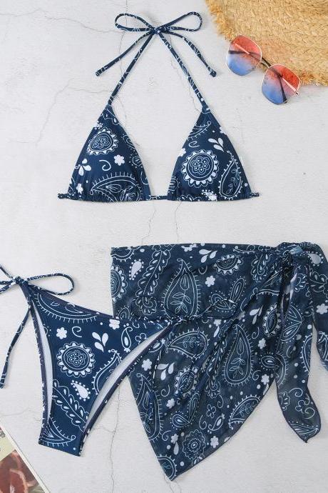 Printed Three-piece Strappy Two-piece Bikini For Women