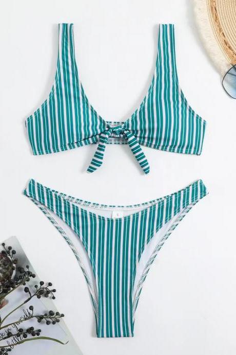 Green Stripe Two Pieces Bikinis Swimwear Bathsuit