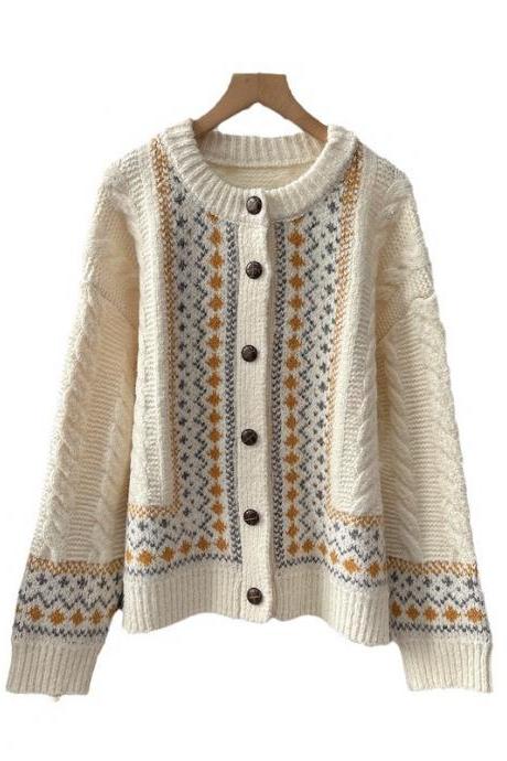 Autumn And Winter Loose Foreign Style Sweater Coat Fashion Crewneck Twist Small Knit Cardigan