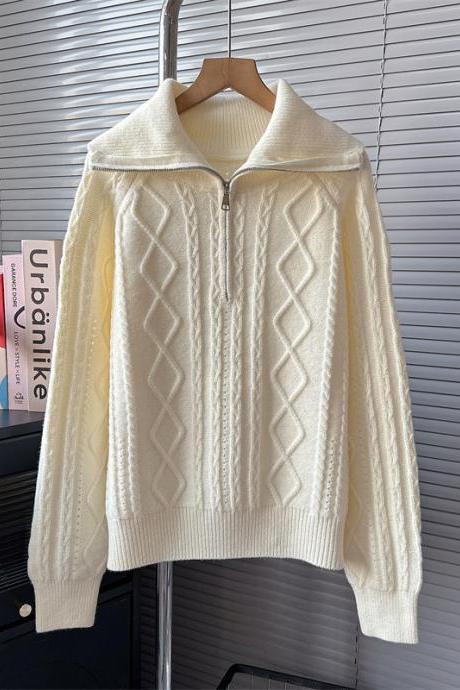 Loose-fitting, High-class, Slouchy, Super-cute Half-zip Lapel Pullover Sweater