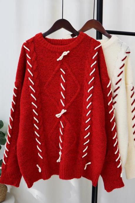Red Knit Sweater Female Autumn And Winter 2023 Atmosphere Wear With Loose Design Bow Pullover Top