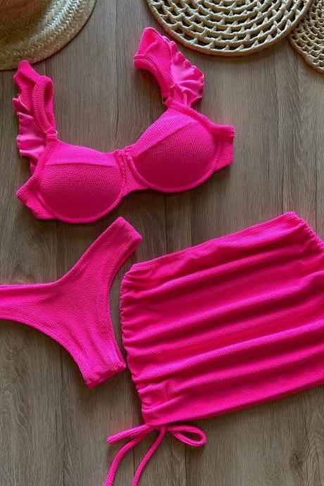 Solid Color Threaded Three-piece Bikini Set Explosion Swimsuit Lotus Swim
