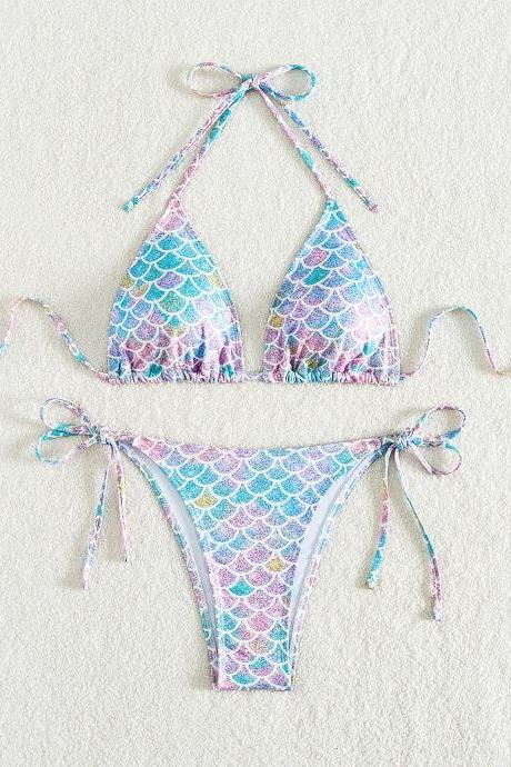 Mermaid Print Halter Swimsuit Split Women's Instant Sense Of Beach Swimsuit Bikini