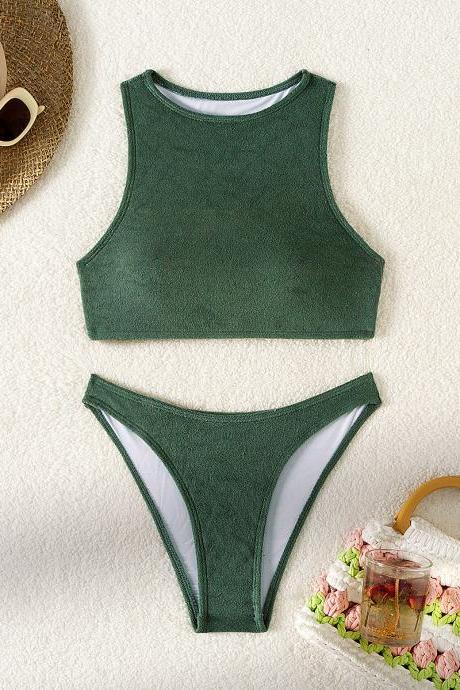 Solid Color Vest Type Two-piece Swimsuit Triangle Bikini Slim Suit For Women