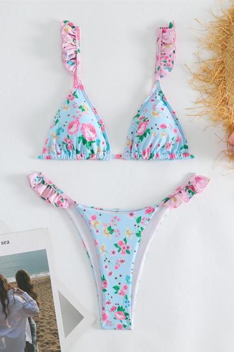 Sexy Ruffled Floral Print Bikini Two Pieces Swimwear Bathsuit