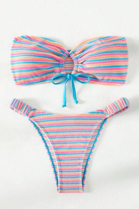 Split Top Swimsuit For Women With Sexy Striped Bikinis