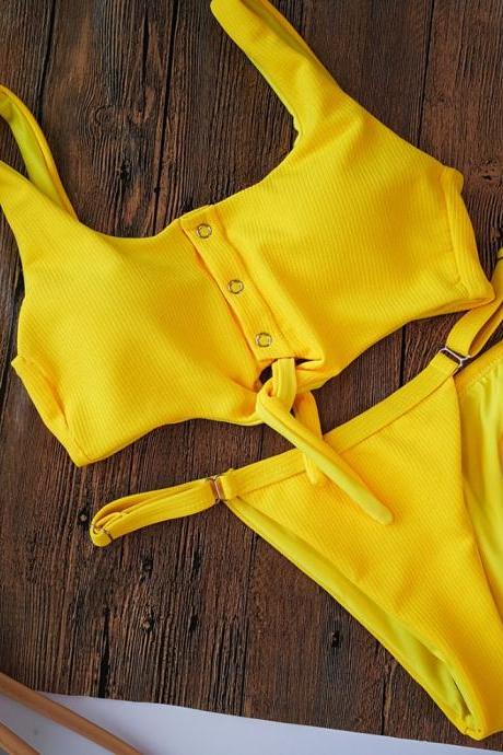 Sexy Special Fabric Yellow Soft And Comfortable Handcrafted Button Up Bikini On The Chest Swimwear Bathsuit