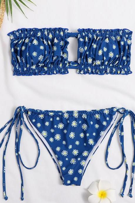 Sexy Split Body Swimsuit Floral Lace Up Swimwear Blue Bikini