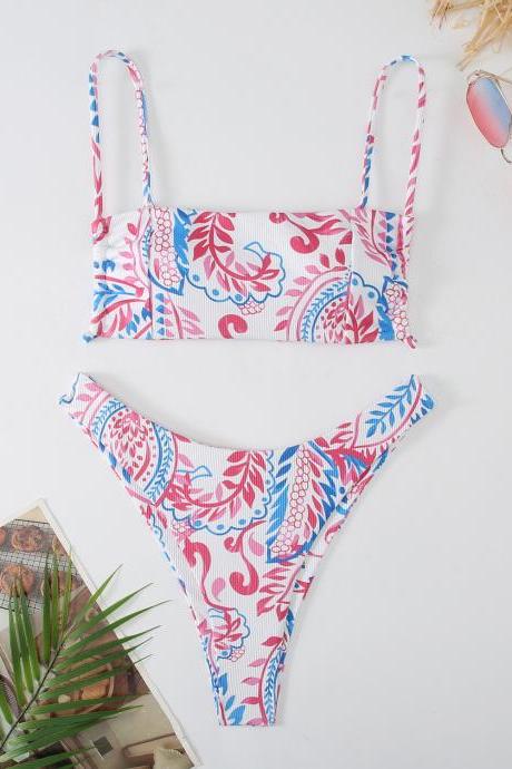 Printed Two Pieces Printed Shoulder Strap Bikini Swimsuit Bathsuit