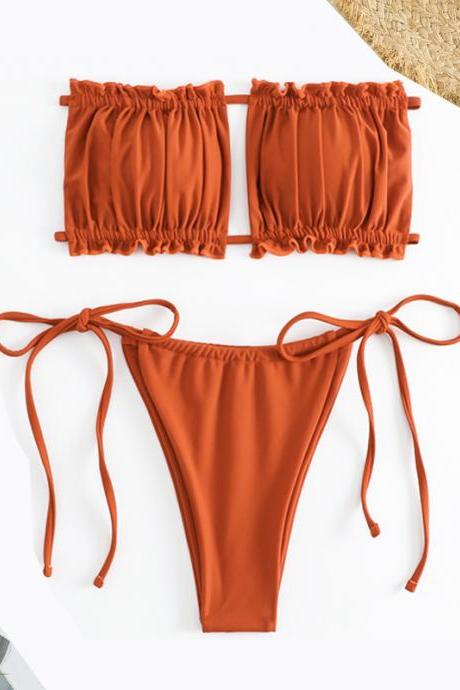 Fashion Orange Two Pieces Women's Swimsuit Sexy Pleated Hollow Out Bikini
