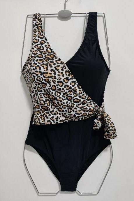 Cross Large Connected Leopard Print Cross Color Contrast Swimwear Bathsuit Bikinis Swimsuit