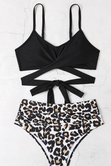 Color Blocking Sexy Swimsuit With Cross Leopard Print Strap Swimsuit