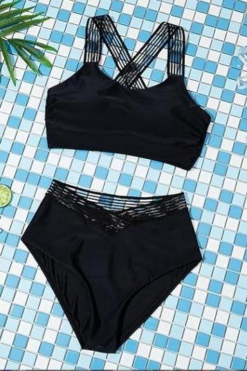 Sexy Solid Color Split Swimsuit With A Cross Over Chest And Back Net Swimwear