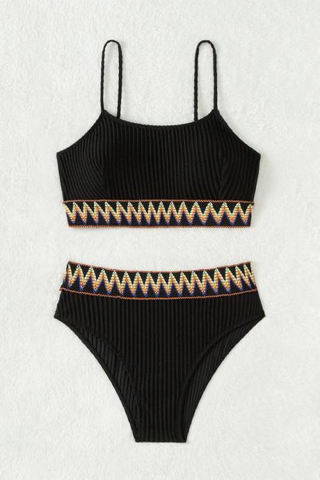 Cute Geometry Two Piece Bikinis Spliced High Waisted Bubble Cloth Summer Beach Swimsuit