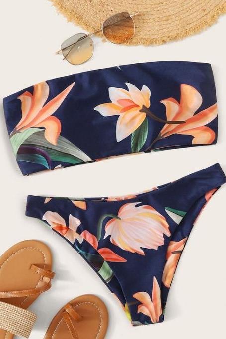 Printed Strapless Double-sided Split Bikini Swimsuit