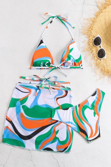 Tie Dyed Printed Split Bikini Swimsuit Women's Three Piece Set With Bikini Mesh Skirt