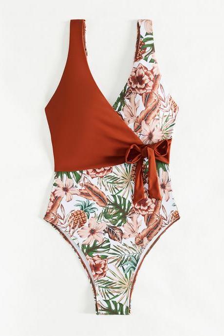 Tropical Plant Print Color Blocking Bikini Jumpsuit