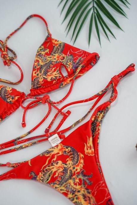 Tight And Sexy Bikini Set With Chest Pad Red Print Dragon Bikini