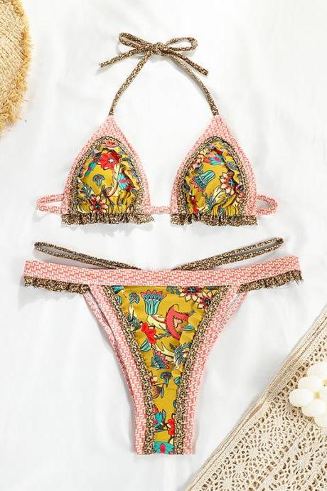 Strap Split Swimsuit Women's Sexy Patchwork Backless Print Bikini Color
