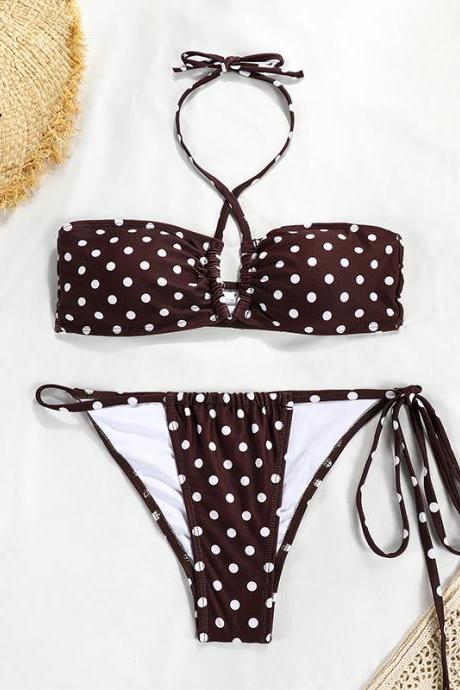 Solid Color Split Swimsuit Women's Top Strap Dots Bikini