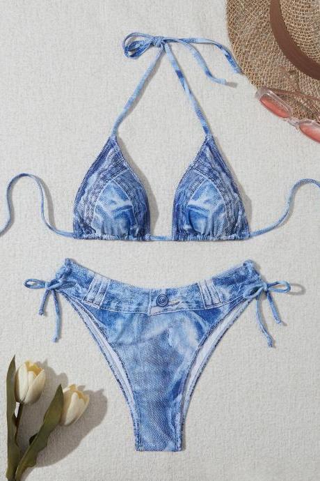 Denim Printed Bikini Set With Sexy Straps Two Pieces Bikini
